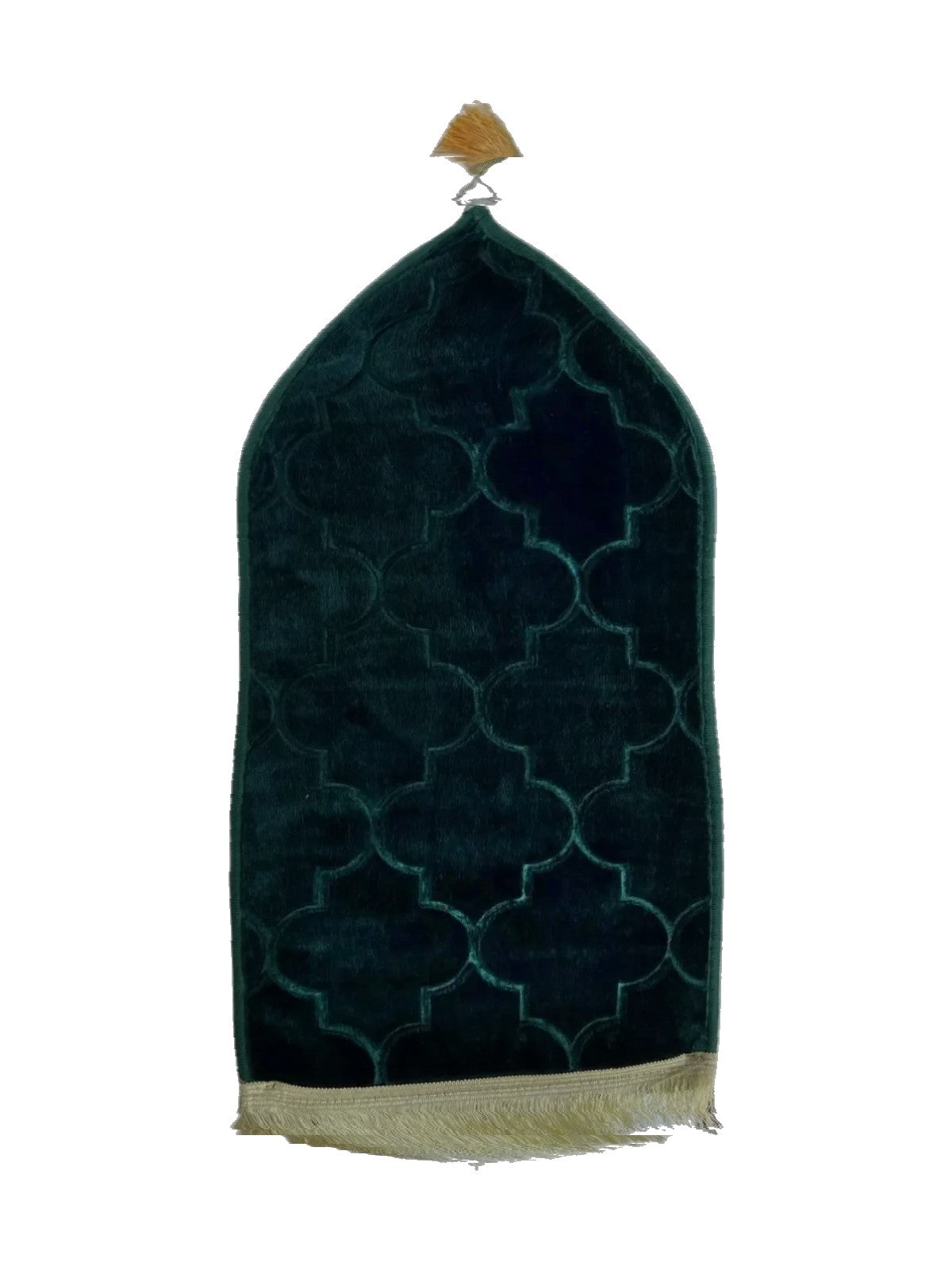 Dark green velvet children's prayer mat with embossed quatrefoil pattern and gold fringe
