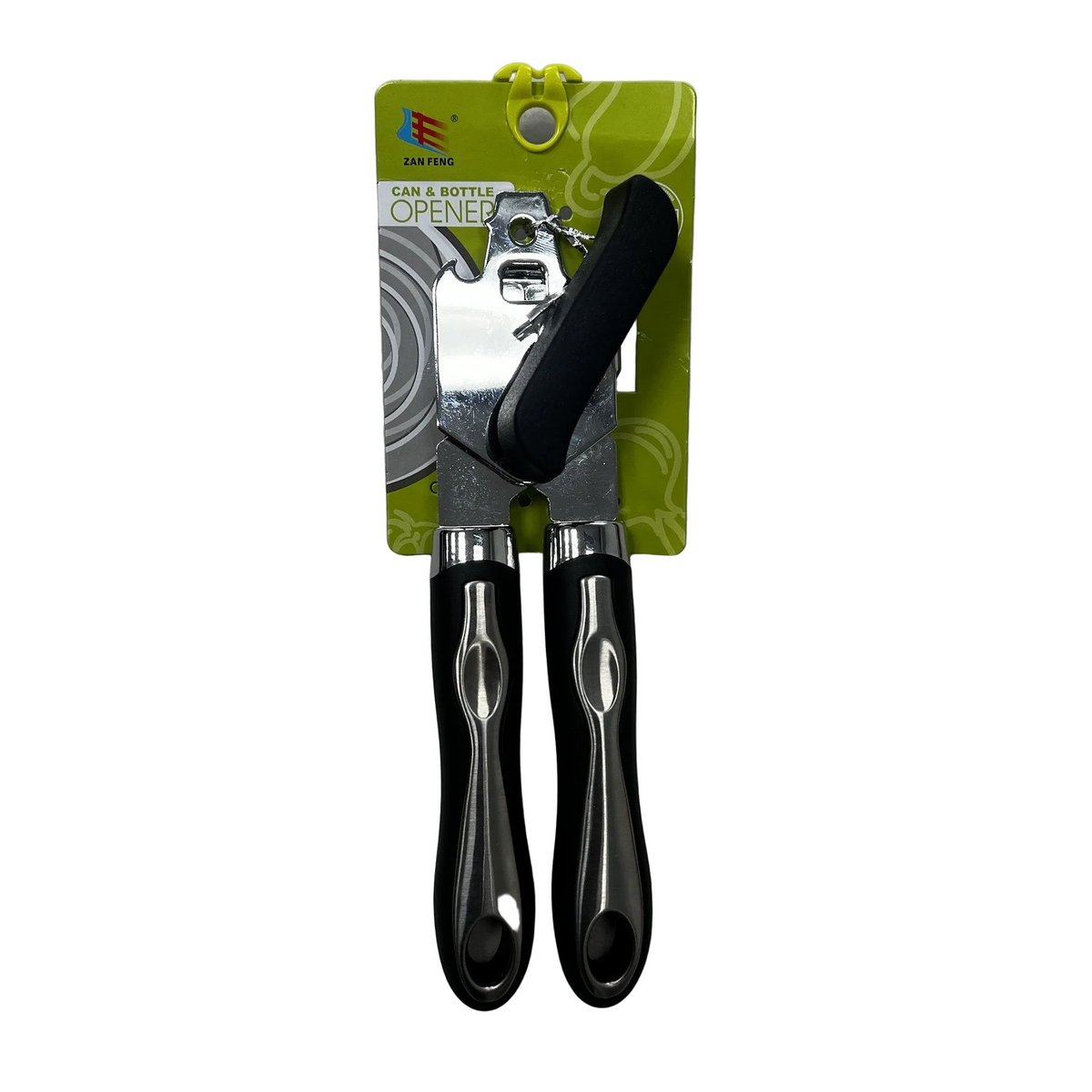 Zan Feng can and bottle opener with black handles on green card, white background