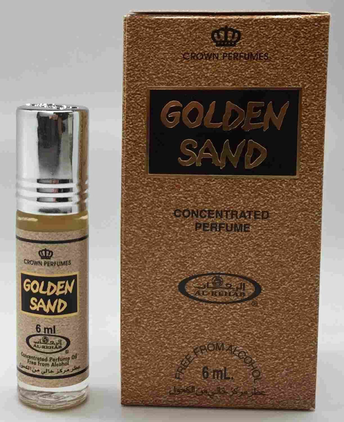 Al-Rehab Golden Sand 6ml roll-on perfume oil bottle, clear glass with a black cap