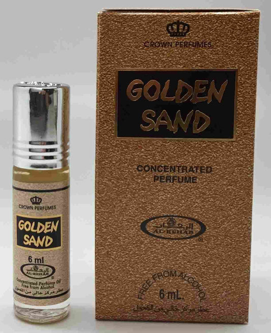Al-Rehab Golden Sand 6ml roll-on perfume oil bottle, clear glass with a black cap