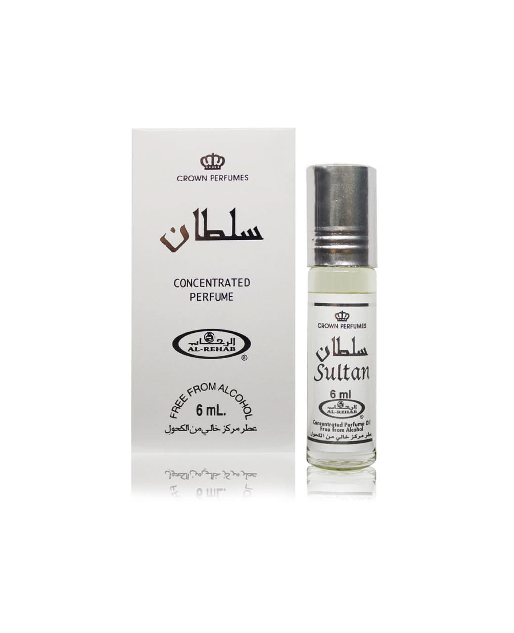 Al-Rehab Sultan 6ml roll-on perfume oil shown with its white and gold retail box