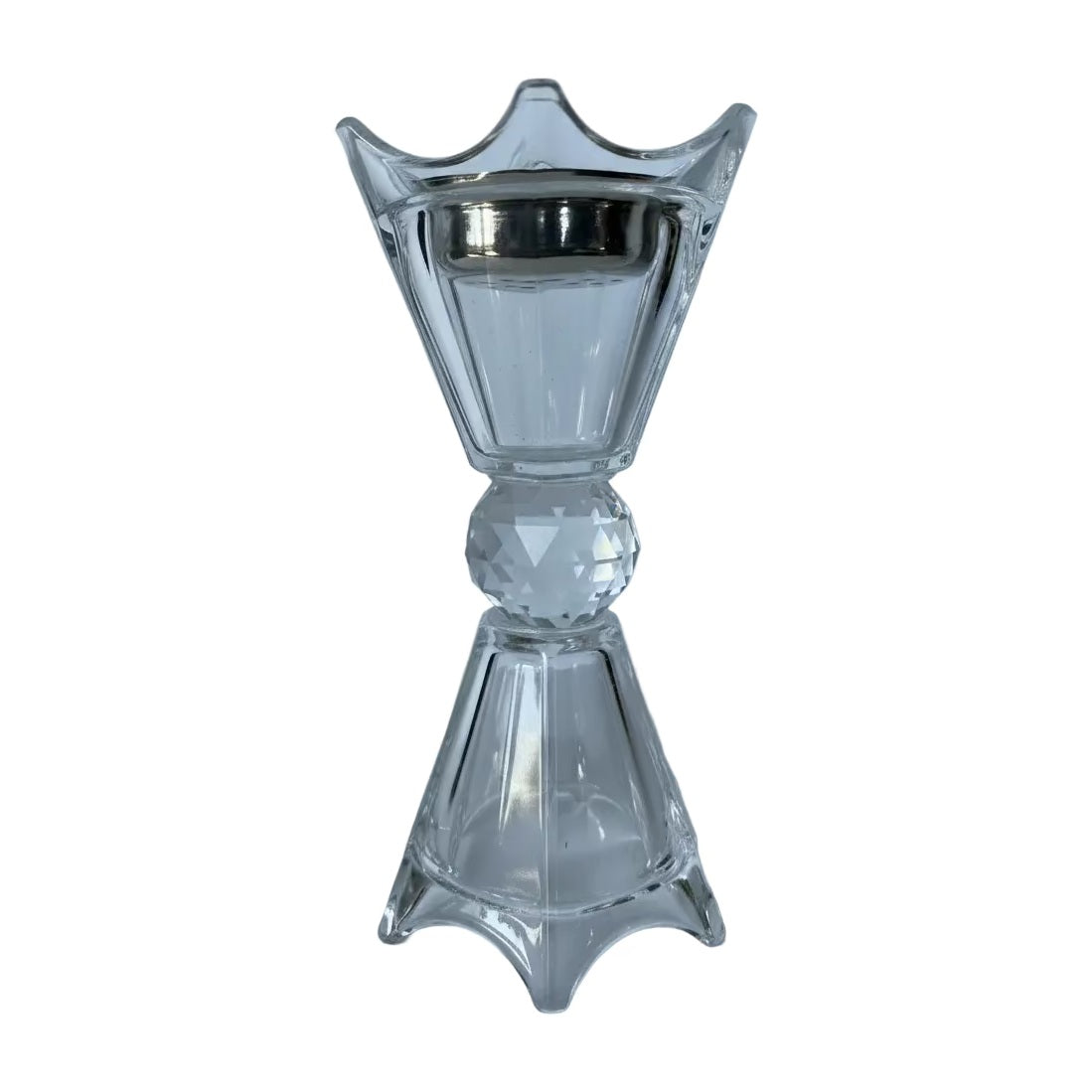 Faceted glass bakhoor and oud incense burner with a metal charcoal well, shown whole on a white studio background