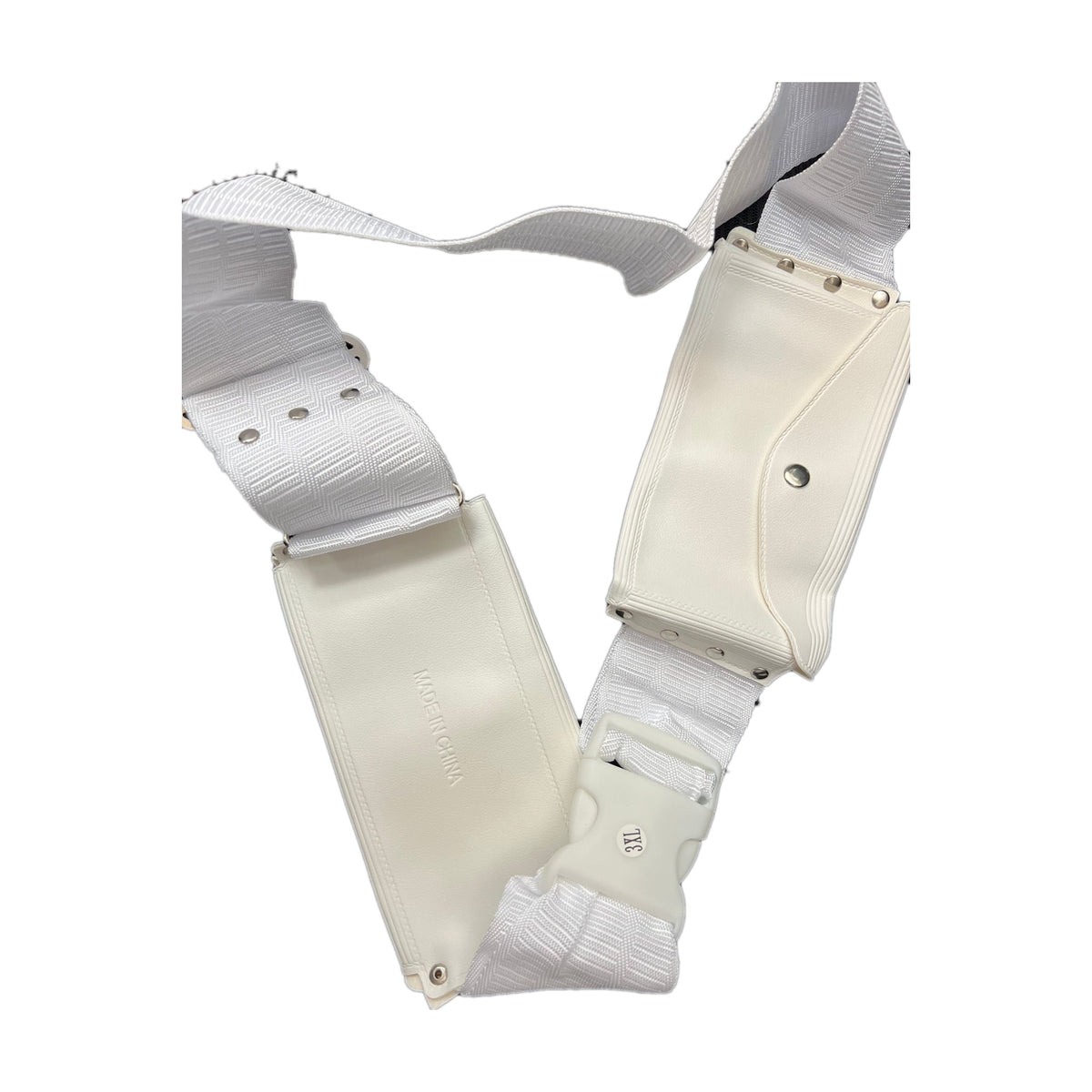 The ihram belt opened out, both faux leather pockets and the white side-release buckle visible