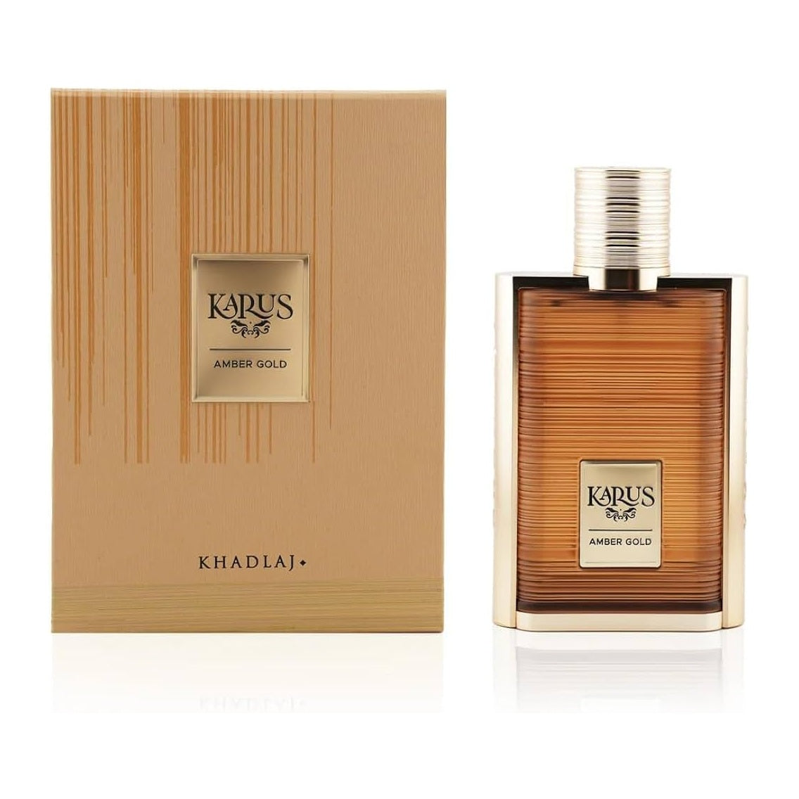 Karus Amber Gold by Khadlaj 100 ml eau de parfum beside its gold presentation box, on a white studio background