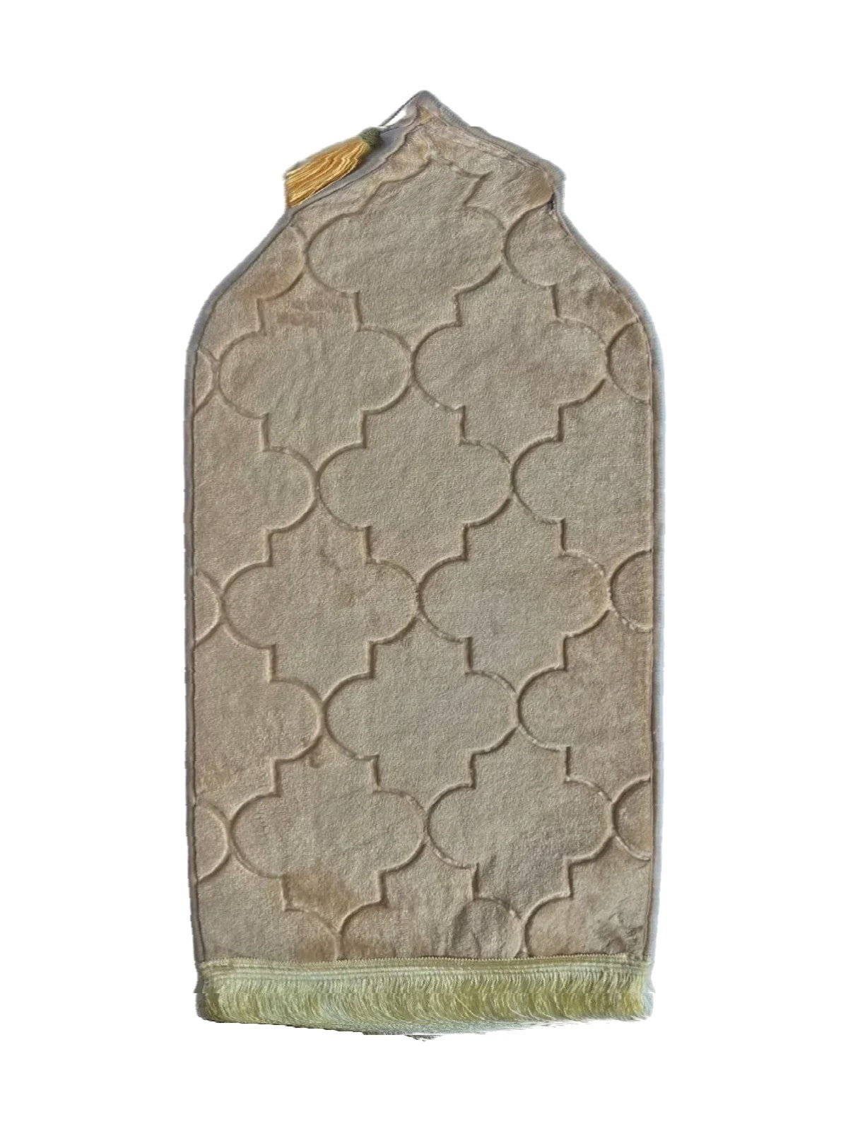 Beige velvet children's prayer mat with embossed quatrefoil pattern and gold fringe