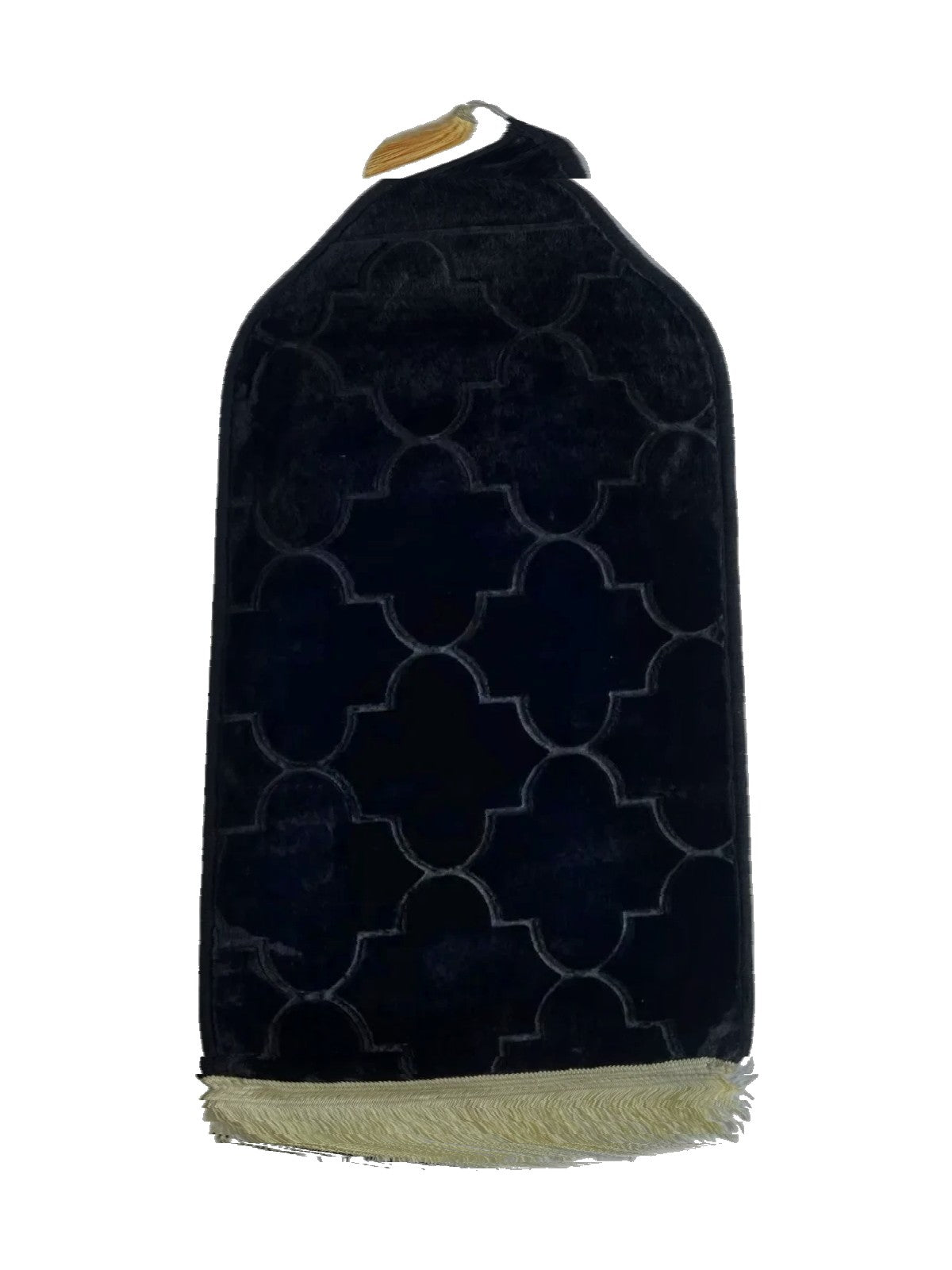 Black velvet children's prayer mat with embossed quatrefoil pattern and gold fringe