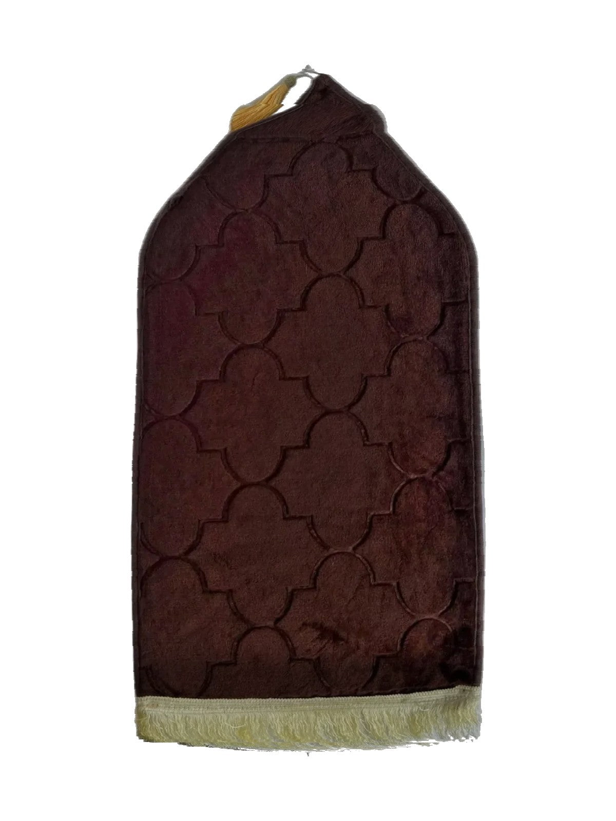 Brown velvet children's prayer mat with embossed quatrefoil pattern and gold fringe