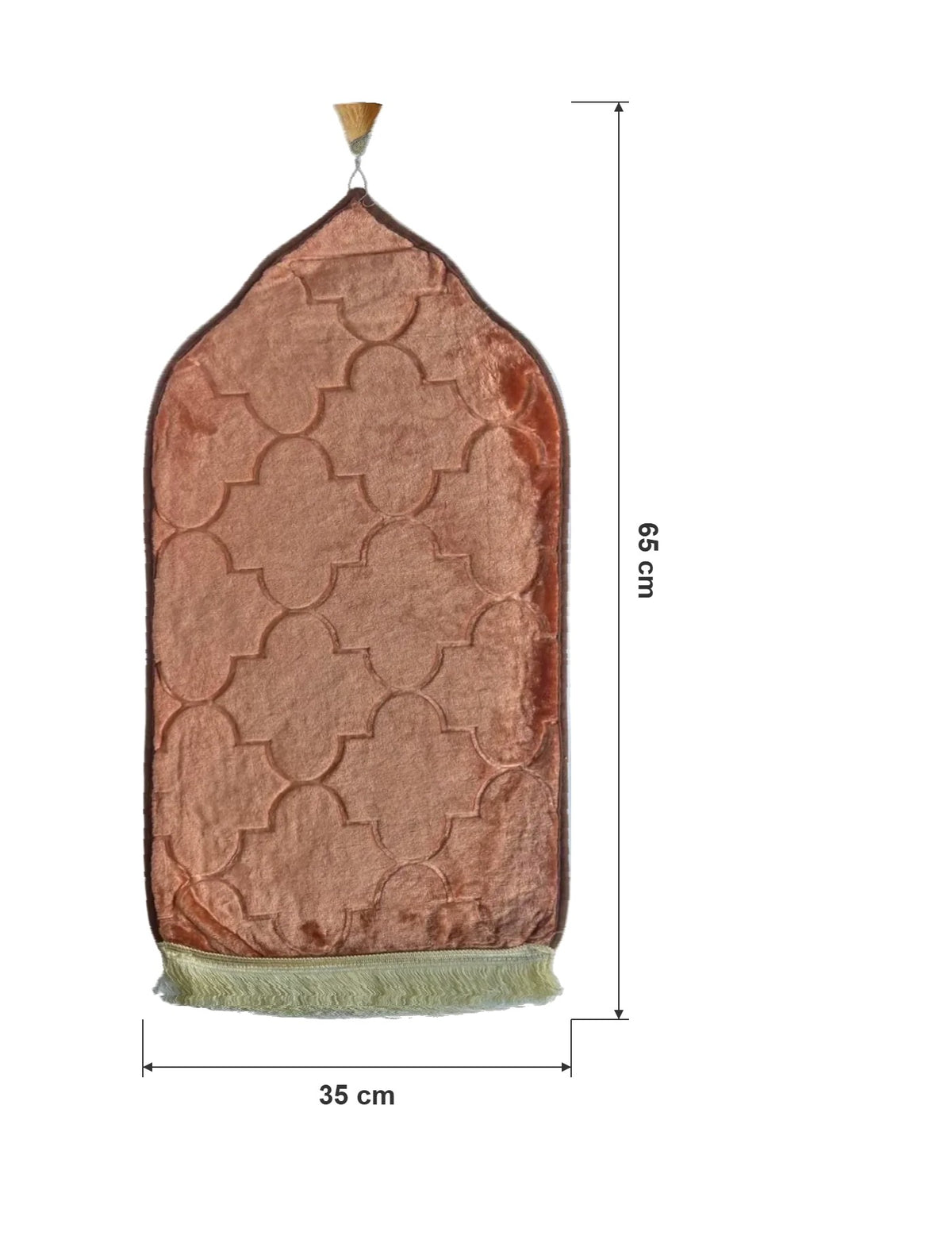 Kids' velvet prayer mat size diagram showing dimensions: 65 cm long by 35 cm wide