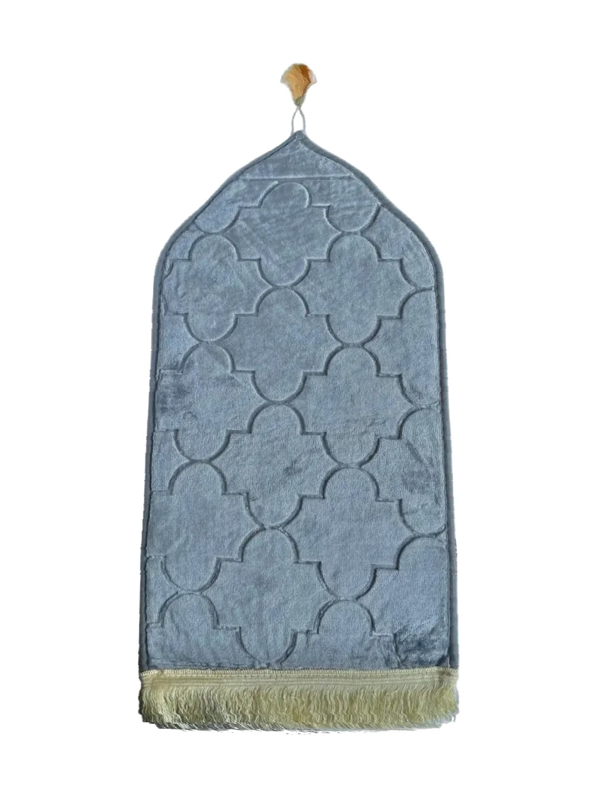 Grey velvet children's prayer mat with embossed quatrefoil pattern and gold fringe