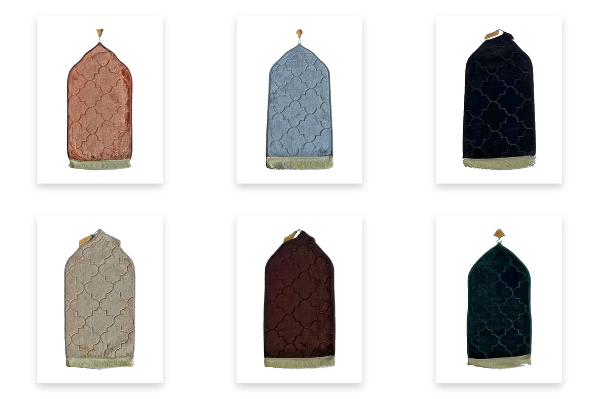 Kids' velvet prayer mat shown in all six available colors: terracotta, grey, black, beige, brown, and dark green