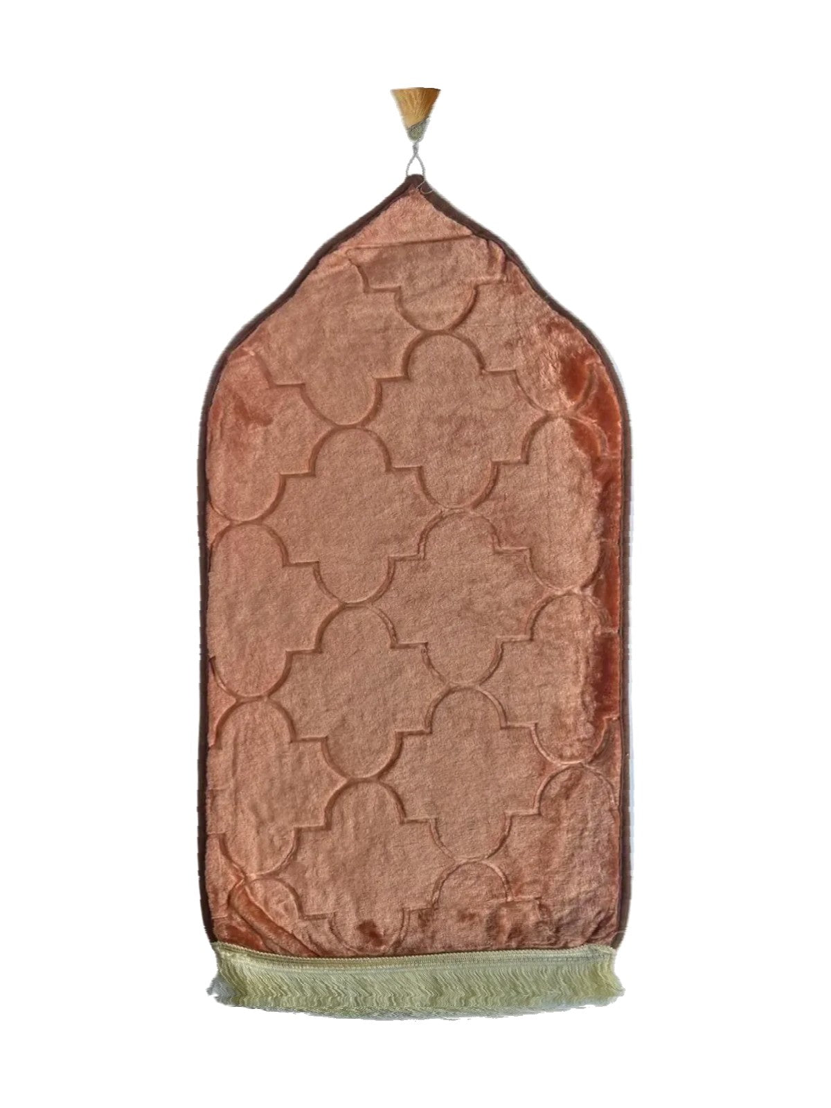 Terracotta velvet children's prayer mat with embossed quatrefoil pattern and gold fringe