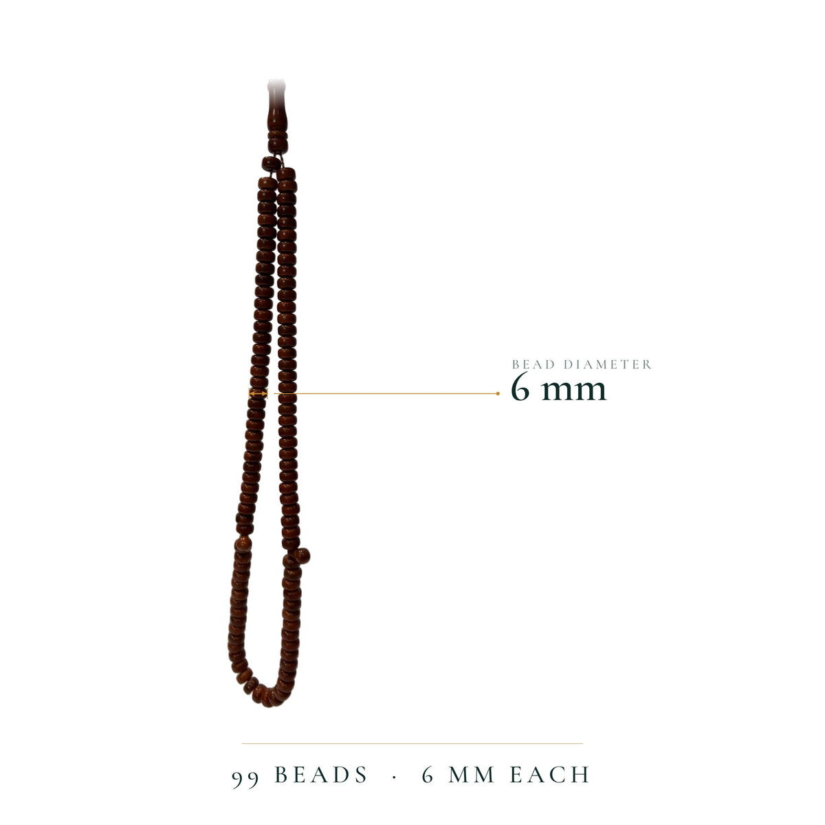 Size reference: the 99-bead tasbih hanging on white with a dimension line across one bead reading 6 mm