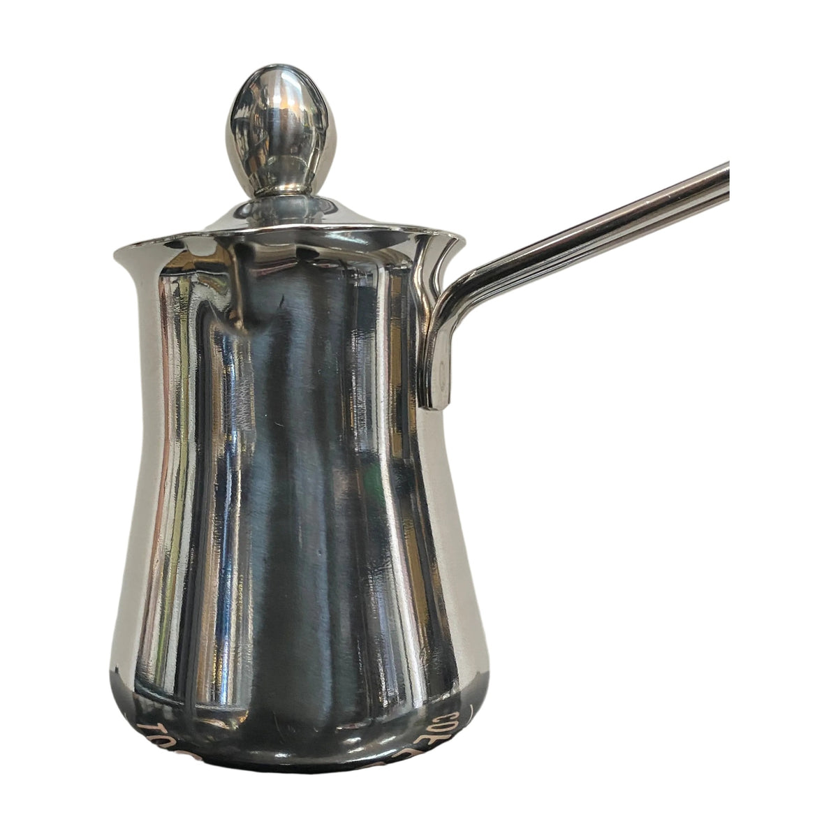 Stainless steel Turkish coffee pot with its fitted lid and long steel handle, on white