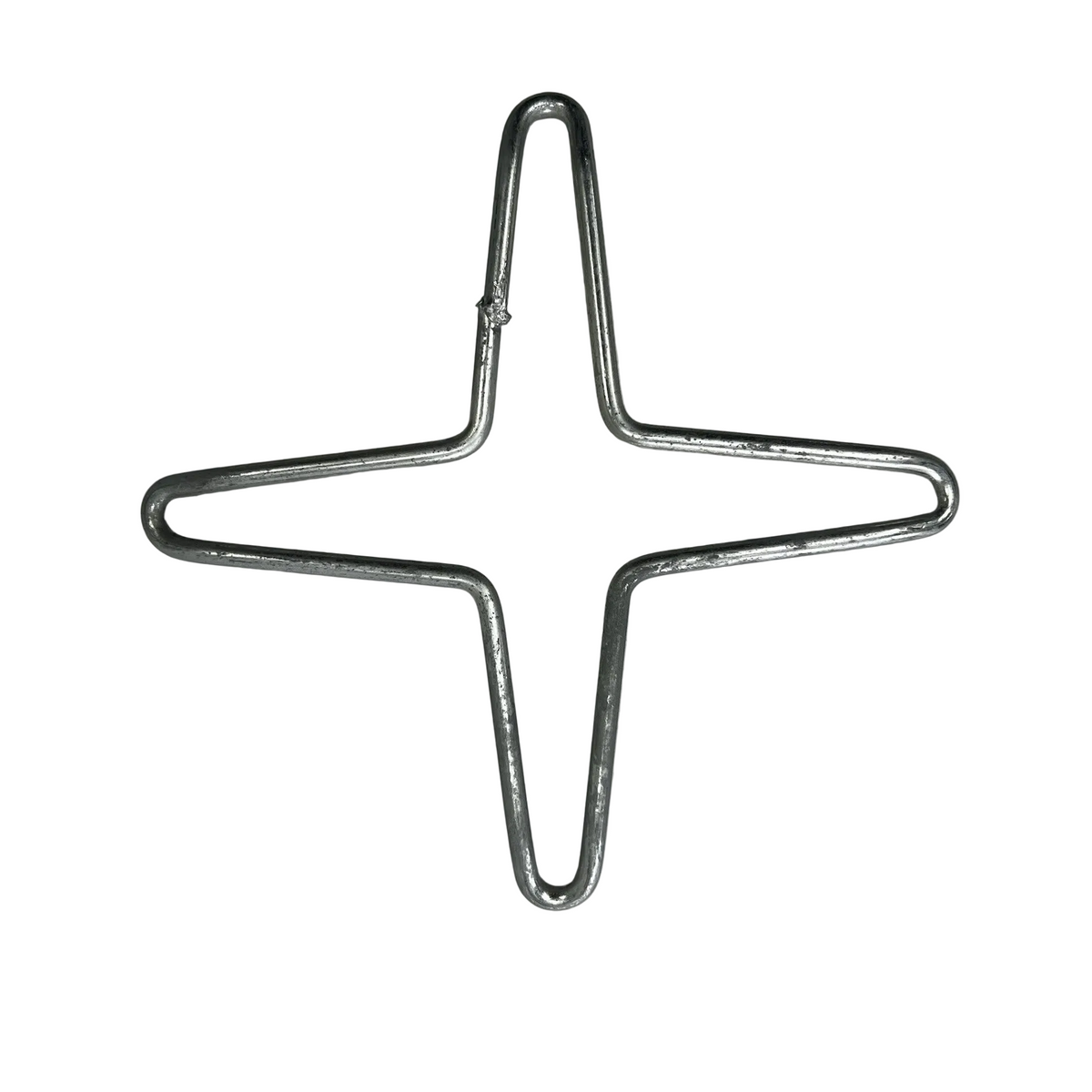 Galvanized steel wire stove trivet shaped as a 4-point star, white background